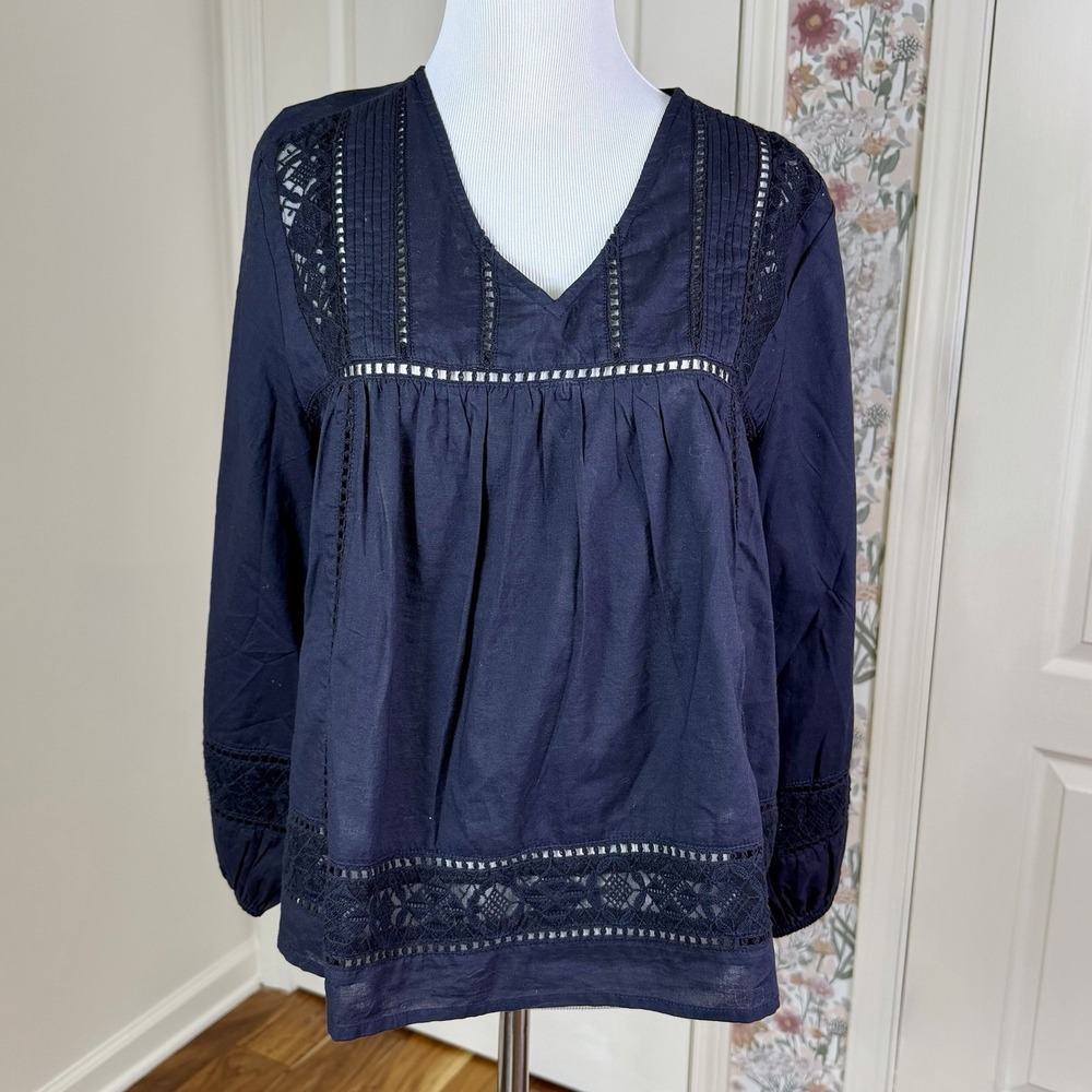 NWT Lucky Brand Women's S Black Lace Trim Top Shirt Blouse Boho Peasant Festival